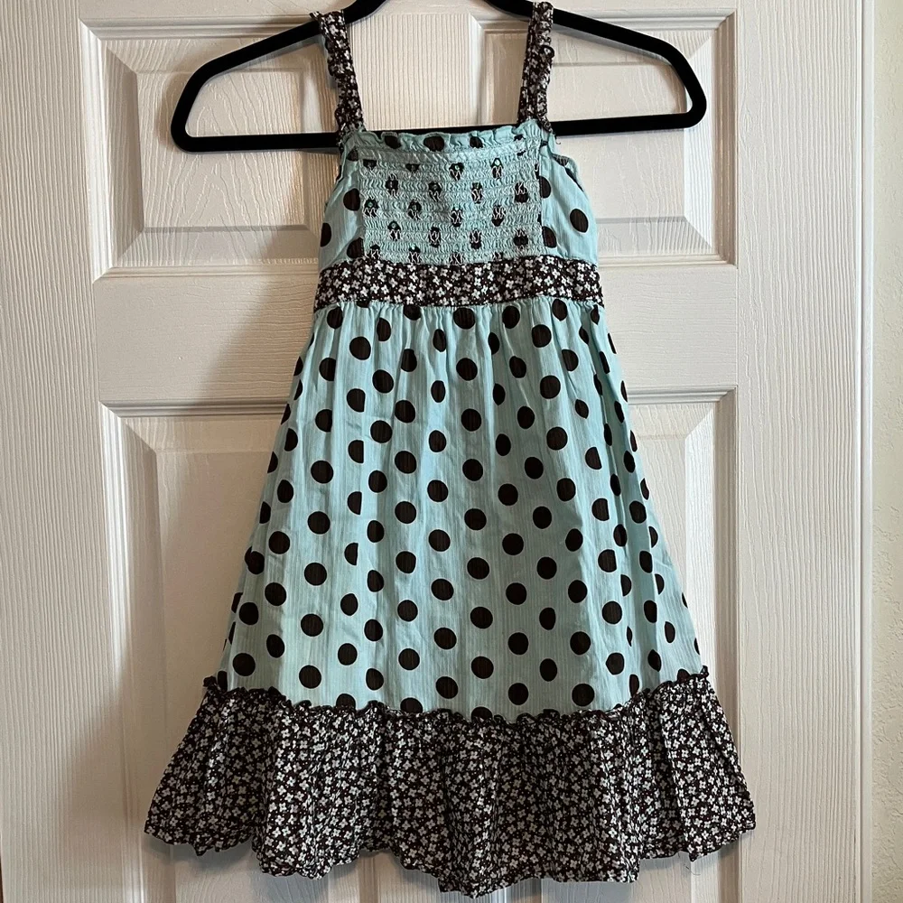 Justice Girls size 8 XS Aqua light blue Brown Polka Dots smocked Sash waist tie